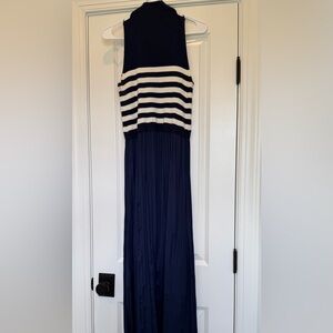 Anthropologie Navy & White Striped Maxi Dress with Pleated Skirt